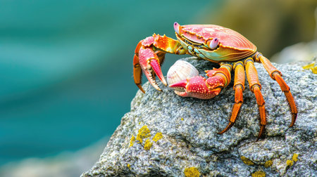 A vibrant crab perched on a rock by the ocean, showcasing its colorful shell and the surrounding environment, illustrating the beauty of marine life and coastal ecosystems.の素材