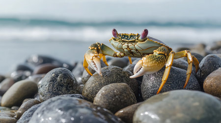A vibrant crab perched on smooth stones along the beach, with gentle ocean waves lapping in the background, showcasing the beauty of coastal wildlife in a serene setting.の素材