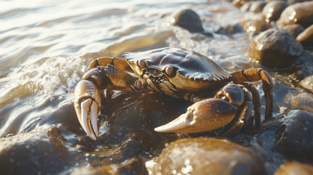A stunning close-up of a crab resting on a rocky shoreline, showcasing intricate details of its shell, with gentle waves creating a peaceful atmosphere during golden hour.の素材