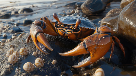 This close-up image features a vibrant crab resting on a rocky shoreline, surrounded by scattered shells and illuminated by soft ocean light, showcasing nature's beauty.の素材