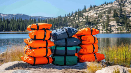 A collection of bright life jackets stacked neatly by a serene mountain lake, surrounded by lush greenery, showcasing outdoor adventure gear perfect for summer activities.の素材