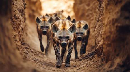 A group of hyenas moves through a narrow pathway, displaying their distinctive features and behaviors. The sandy background highlights the wild atmosphere of their habitat.の素材