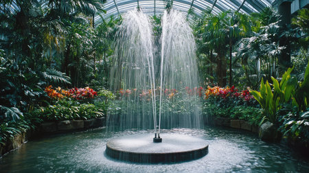 A beautiful indoor garden scene featuring a stunning water fountain, surrounded by colorful tropical flowers and lush green plants, creating a tranquil, serene atmosphere.の素材