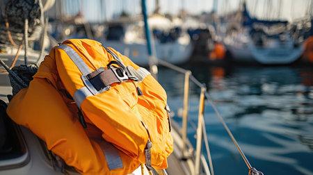 A bright orange life jacket positioned on a boat at the marina, surrounded by sailboats and a tranquil water surface, symbolizing safety and adventure in nautical activities.の素材