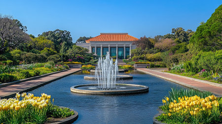 Beautiful garden scene featuring vibrant tulips and elegant fountains under a bright blue sky, creating a peaceful and inviting atmosphere for visitors seeking nature's beauty.の素材