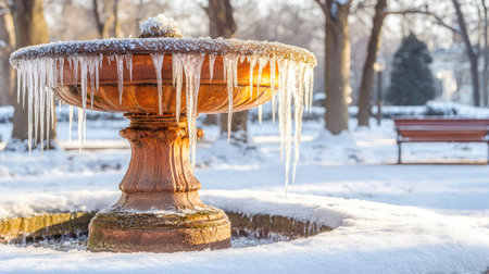 A stunning view of a frozen fountain adorned with icicles, set in a snowy park. The peaceful winter scene features sunlight filtering through trees, creating a serene atmosphere.の素材
