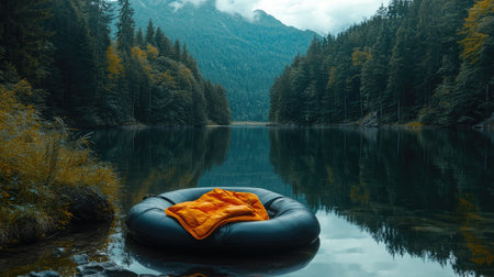 A tranquil lakeside view featuring a cozy orange blanket on a black inflatable ring, surrounded by majestic mountains and lush forests, inviting relaxation and connection with nature.の素材