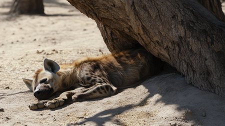 A peaceful hyena enjoys a moment of relaxation under the shade of a tree, featuring its unique fur pattern and serene environment in warm sunlight.の素材