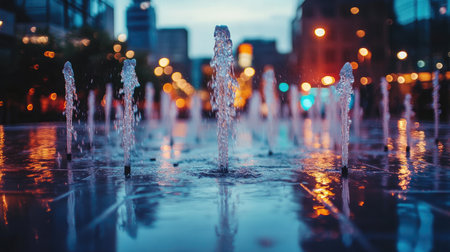 A captivating evening scene featuring a water fountain in a bustling city park, adorned with colorful lights and shimmering reflections throughout the serene atmosphere.の素材