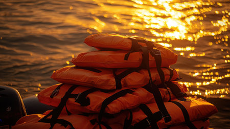 A striking image of stacked orange life jackets on a boat, illuminated by the sun's golden glow on the water, epitomizing safety and adventure during summer outings.の素材
