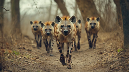 A striking capture of five hyenas confidently walking along a forest path, showcasing their unique features and the raw beauty of wildlife in a natural setting.の素材