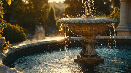 A beautifully designed fountain surrounded by lush greenery, capturing the magical moment as sunlight glimmers off water droplets in a tranquil garden setting.の素材