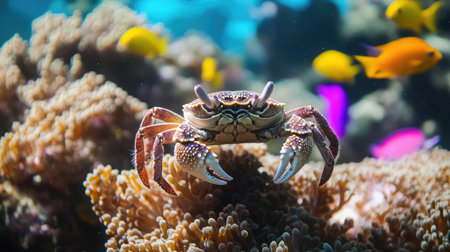 A stunning close-up of a crab on a coral reef, surrounded by vibrant tropical fish. This photograph captures the rich biodiversity of marine life in a clear ocean setting.の素材
