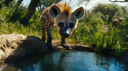 A young hyena curiously inspects a tranquil waterhole, surrounded by lush greenery and vibrant landscapes, showcasing the beauty of wildlife in its natural environment.の素材