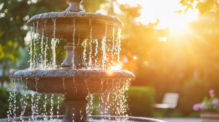 A beautiful outdoor fountain with shimmering water droplets, set in a peaceful garden, illuminated by warm sunlight, creating a serene and tranquil atmosphere.の素材