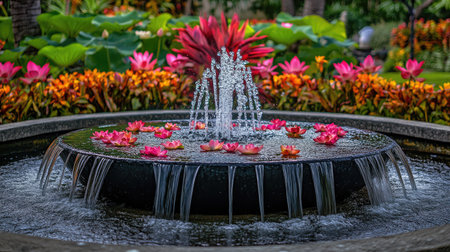 A beautiful water fountain features delicate pink flowers floating atop its surface, creating a harmonious scene in a lush garden filled with vibrant foliage and blooming flora.の素材