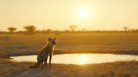 A solitary hyena watches over a serene waterhole at sunset in the African savannah, showcasing the warm hues of dusk and the beauty of wildlife in its natural habitat.の素材