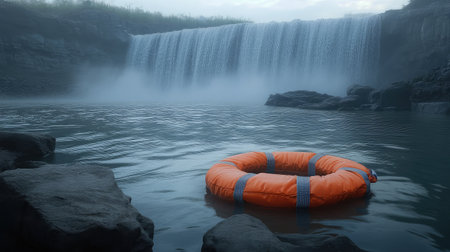 An orange lifebuoy floats gently in tranquil waters, framed by a stunning waterfall that cascades into the serene lake, surrounded by a mesmerizing mist.の素材