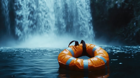 A striking orange life ring floats serenely in clear water before a stunning waterfall, highlighting themes of safety and adventure in a tranquil natural environment.の素材