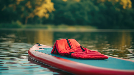 A striking red life jacket placed on a paddleboard, floating serenely on a calm lake, surrounded by lush greenery, capturing the essence of outdoor adventure and relaxation.の素材