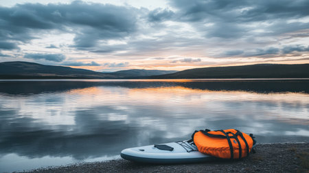 A serene lakeside scene captures a paddleboard and a bright orange life jacket resting on the shore as the sun sets, reflecting a peaceful landscape in tranquil waters.の素材
