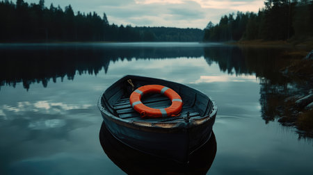A serene lake at dusk showcases a tranquil scene with a single boat and a bright life ring, surrounded by lush forests reflecting on still waters. Perfect for relaxation or nature themes.の素材