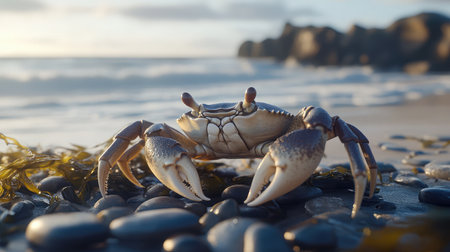 A detailed close-up of a crab on a rocky beach surrounded by seaweed and gentle waves, capturing the peaceful beauty of nature at sunset.の素材
