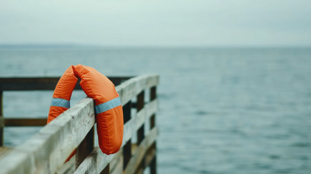 A vivid orange life buoy rests on a rustic dock, overlooking a serene sea under a cloudy sky, evoking themes of safety and outdoor adventure.の素材