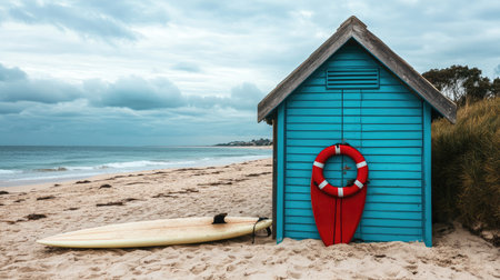 A colorful beach shack stands by the ocean with a surfboard and lifebuoy nearby, perfect for summer relaxation and capturing the beauty of coastal life.の素材