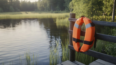 A bright orange life ring rests on a rustic wooden dock, providing a striking contrast against the calm waters of a beautiful lake surrounded by vibrant green trees in soft morning light.の素材