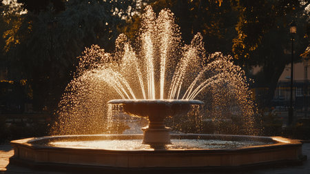 A stunning fountain in a peaceful park showcases water spray backlit by sunset, creating an enchanting scene of nature's beauty and tranquility ideal for relaxation.の素材