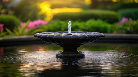 A stunning water fountain sits in a tranquil garden, surrounded by lush greenery and colorful flowers, reflecting soft sunlight during the sunset, creating a peaceful ambiance.の素材
