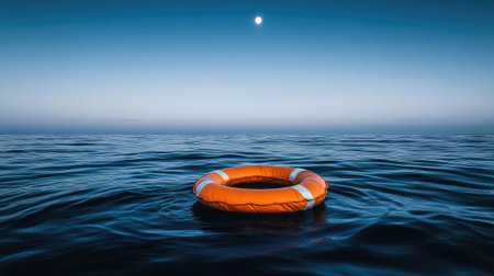 An enchanting view of a life ring floating on calm ocean waters at dusk, illuminated by a full moon. This image captures the essence of solitude and safety amidst nature's beauty.の素材