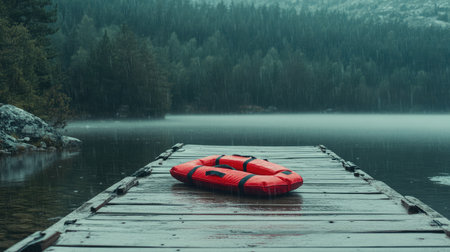 A solitary red life ring is placed on a weathered wooden dock, evoking a sense of calm amidst rain, mist, and green mountains, capturing nature's tranquil beauty.の素材