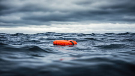 An orange life buoy drifts in the tumultuous ocean, highlighting themes of safety amid danger, as dark storm clouds loom above the choppy waters.の素材