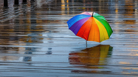 A vibrant rainbow umbrella stands alone on a wet wooden surface, reflecting the beautiful colors in a serene urban setting during a rain shower.の素材