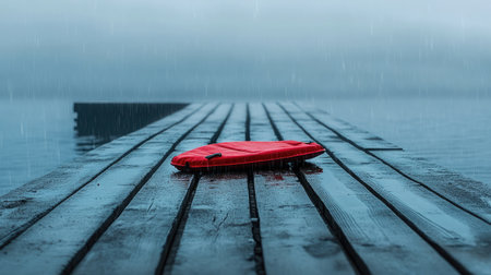 A vibrant red life vest lies alone on a wooden dock during a rain shower over a tranquil lake. The moody atmosphere captures a moment of solitude in nature.の素材
