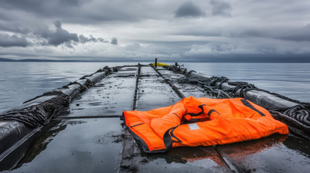 A bright orange life jacket lies abandoned on a wet dock, surrounded by calm water beneath a dramatic sky filled with clouds, evoking themes of solitude and safety.の素材