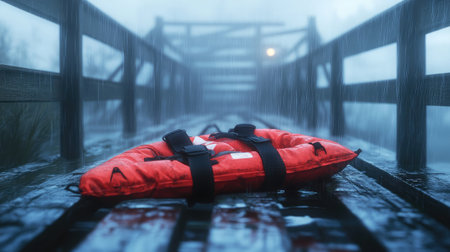 A vivid red life jacket rests on a rain-soaked pathway in a foggy setting, symbolizing safety and readiness for water adventures amidst serene nature.の素材
