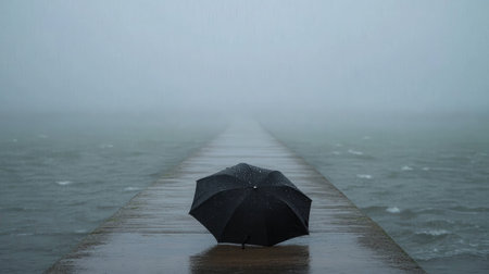 A solitary black umbrella stands on a rain-soaked pier, surrounded by misty sea and soft waves, evoking feelings of calmness and reflection amid a gloomy atmosphere.の素材