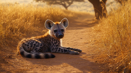 A young hyena rests gracefully on a dusty pathway, surrounded by tall, golden grass, captured in the warm glow of a stunning African sunset. The serene scene showcases the beauty of wildlife.の素材