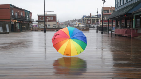 A vibrant rainbow umbrella stands out against a reflective wooden deck amid a rainy coastal town, creating a serene atmosphere of solitude and calmness.の素材