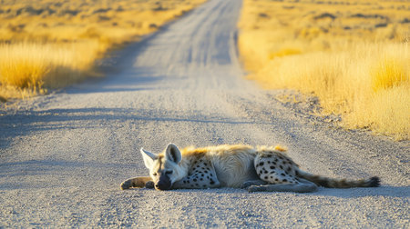 A hyena relaxes on a dusty road in the golden grasslands, showcasing the peace of its natural habitat during sunrise, a moment of tranquility in the wild.の素材