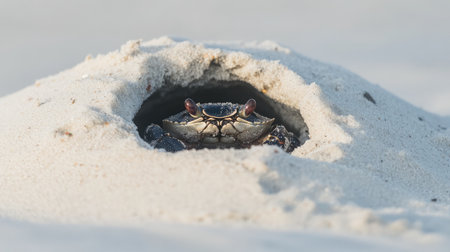 A stunning close-up shot of a crab peeking out from its sandy burrow on the beach, showcasing the intricate textures of sand and the delicate environment surrounding it.の素材