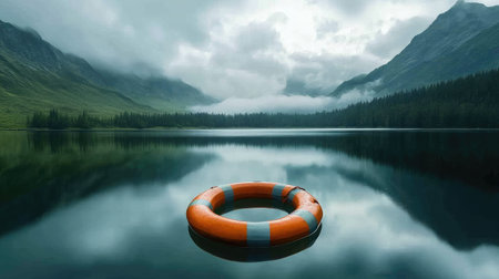 A captivating lakeside view featuring a bright orange life ring floating serenely on the tranquil water, framed by breathtaking mountains and lush forest under an overcast sky.の素材