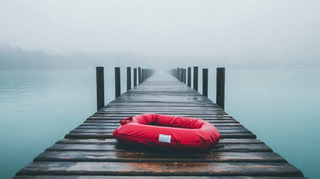 A striking image featuring a red lifebuoy on a wooden pier surrounded by fog, symbolizing safety and solitude in a peaceful water setting. Perfect for themes of tranquility and nature.の素材