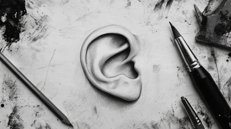 A detailed and realistic sketch of an ear lies amidst various art supplies, showcasing creativity and craftsmanship in a monochromatic palette. Perfect for artistic themes.の素材