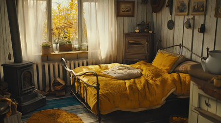 Discover the charm of this cozy rustic bedroom featuring yellow bedding, natural decor, and warm sunlight creating a peaceful and inviting atmosphere that celebrates comfort.の素材