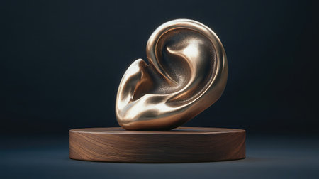 Stunning abstract sculpture of an ear crafted from bronze, beautifully displayed on a wooden base, perfect for art lovers and collectors seeking unique decor pieces.の素材