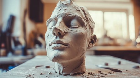 A serene scene of an unfinished clay head in an art studio, highlighting the intricate details and textures of the sculpture process, surrounded by various tools and soft natural light.の素材